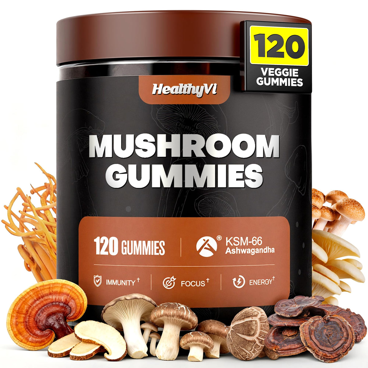 HealthyVi Gummies Champignons 10-en-1 120 Ct pot avant