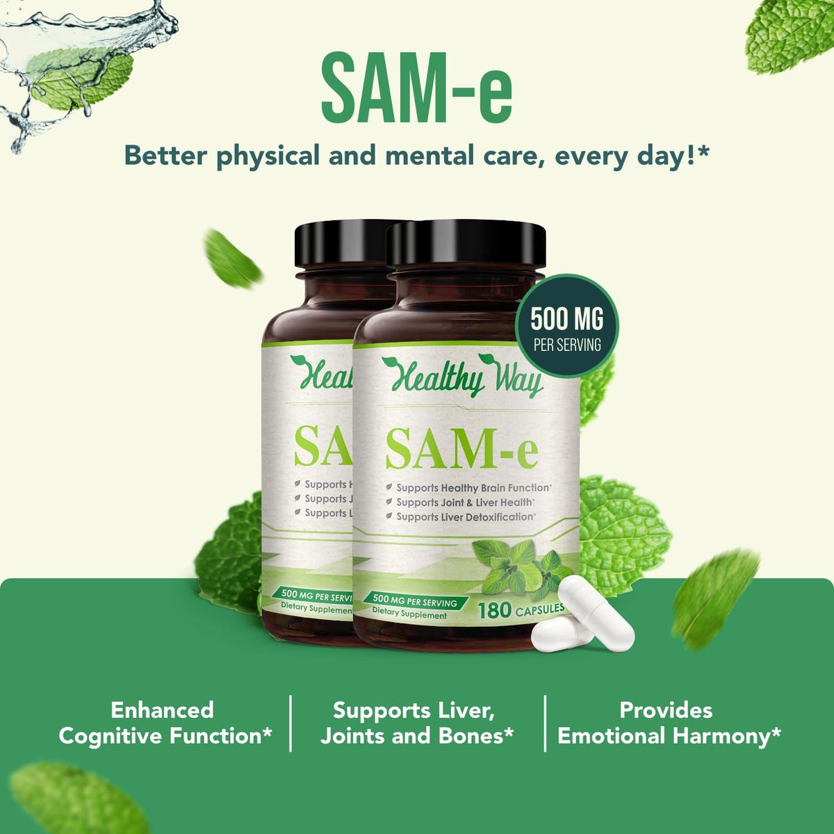 HealthyWayRx 500mg SAM-e complément alimentaire capsules sur fond blanc