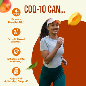 HealthyWayRx Coenzyme Q10 200mg capsules on a wooden table
