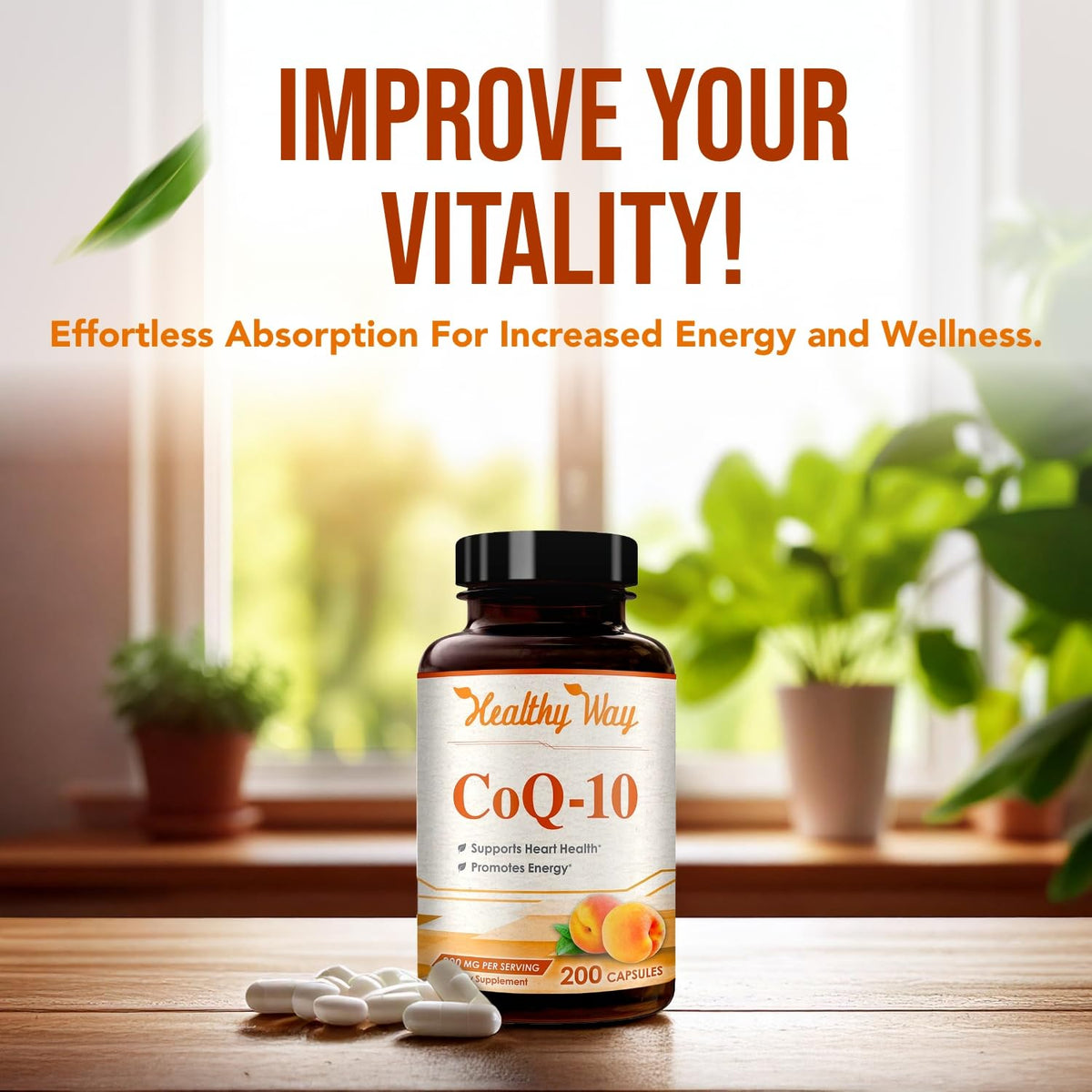 HealthyWayRx Coenzyme Q10 200mg capsules with a glass of water