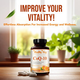 HealthyWayRx Coenzyme Q10 200mg capsules with a glass of water