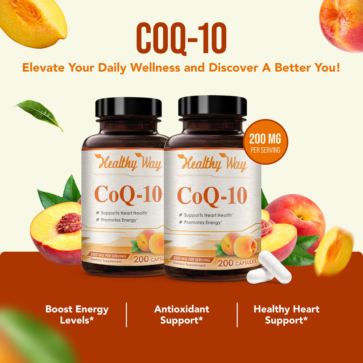 HealthyWayRx Coenzyme Q10 200mg gélules ouvertes montrant la poudre