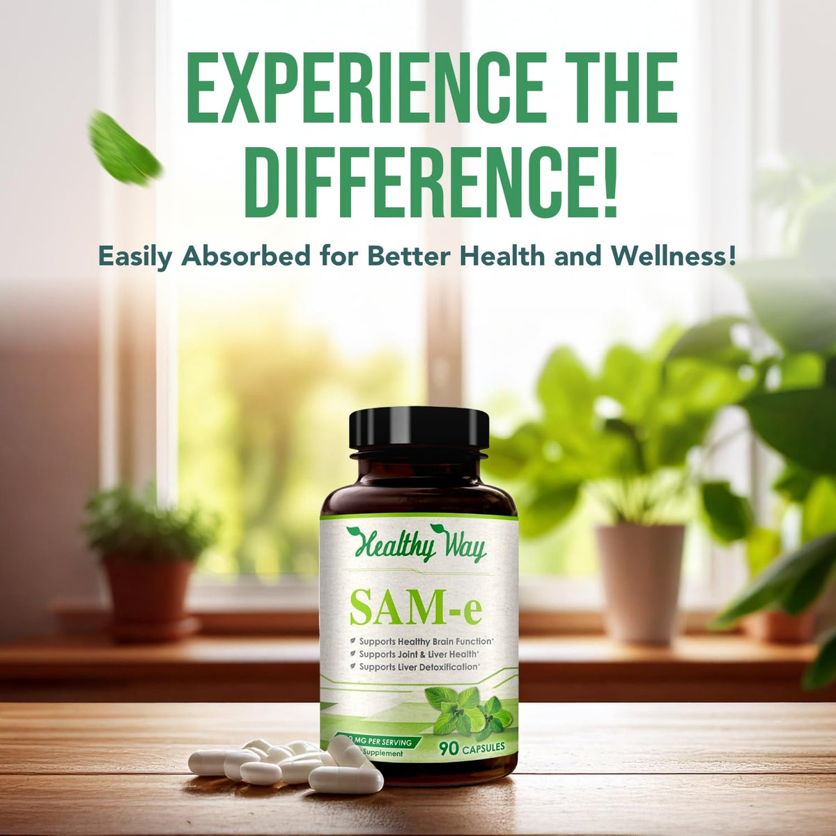 HealthyWayRx SAM-e 400mg capsule on a wooden table