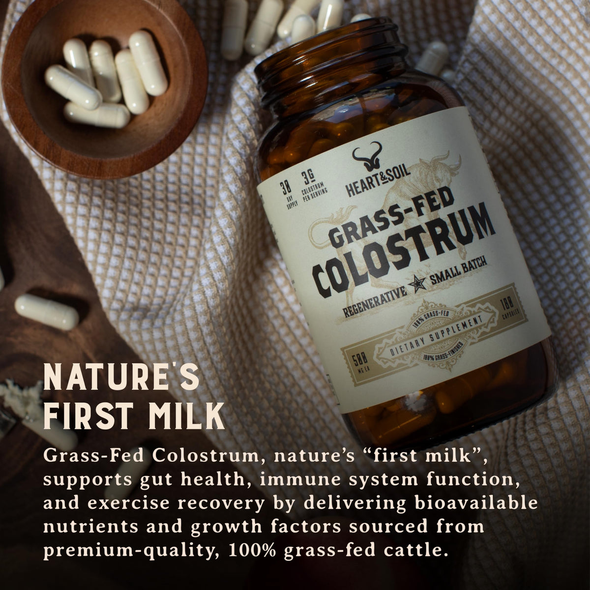 HEART & SOIL Colostrum 180 capsules en main
