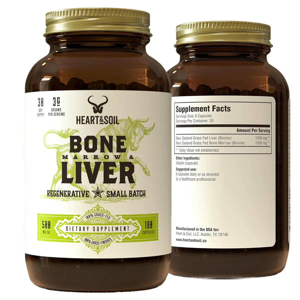HEART & SOIL Complément Alimentaire 180 Capsules de Moelle Osseuse et Foie de Boeuf - Vue de l'emballage