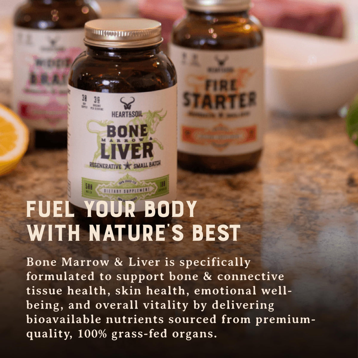 HEART & SOIL Complément Alimentaire - Capsules sur une table en bois