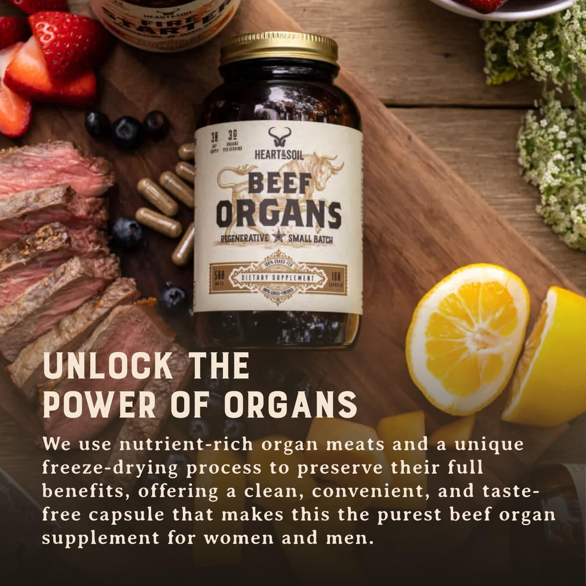 HEART & SOIL Complément Alimentaire Organes de Bœuf 180 Capsules ouvertes