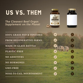HEART & SOIL Complément Alimentaire Organes de Bœuf 180 Capsules sur une table