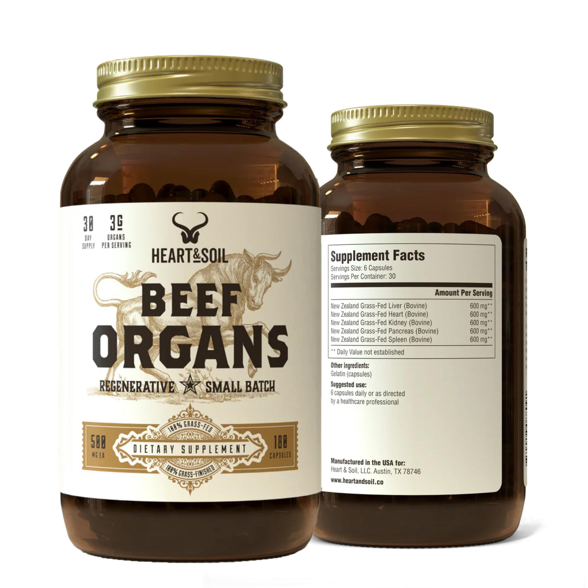 HEART & SOIL Complément Alimentaire Organes de Bœuf 180 Capsules vue de face