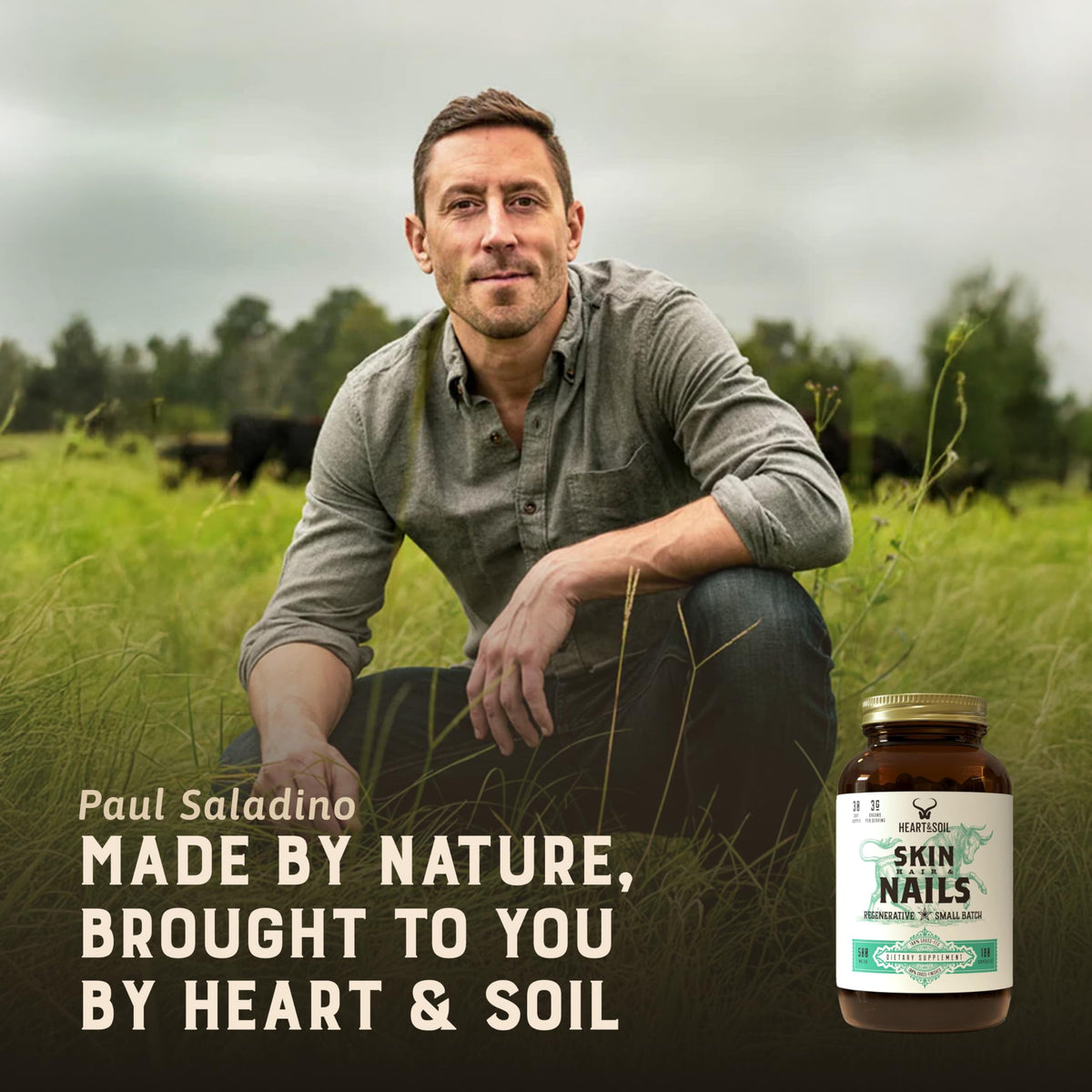 HEART & SOIL Complément Cheveux, Peau et Ongles 180 capsules sur une table