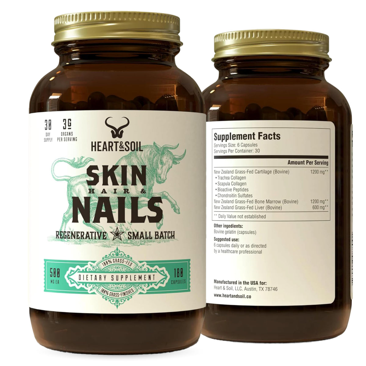 HEART & SOIL Complément Cheveux, Peau et Ongles 180 capsules vue de face