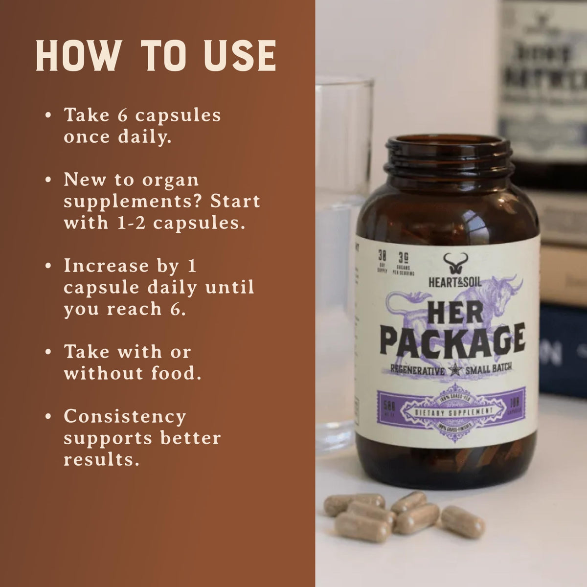 HEART & SOIL Her Package complément alimentaire 180 capsules sur une table