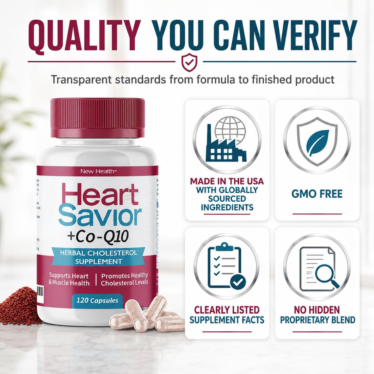 HeartSavior Complément Alimentaire, capsules étalées sur une table en bois