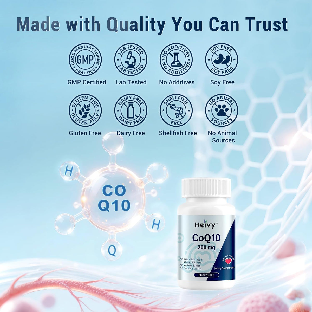 Heivy CoQ10 200mg sur une table avec un verre d'eau