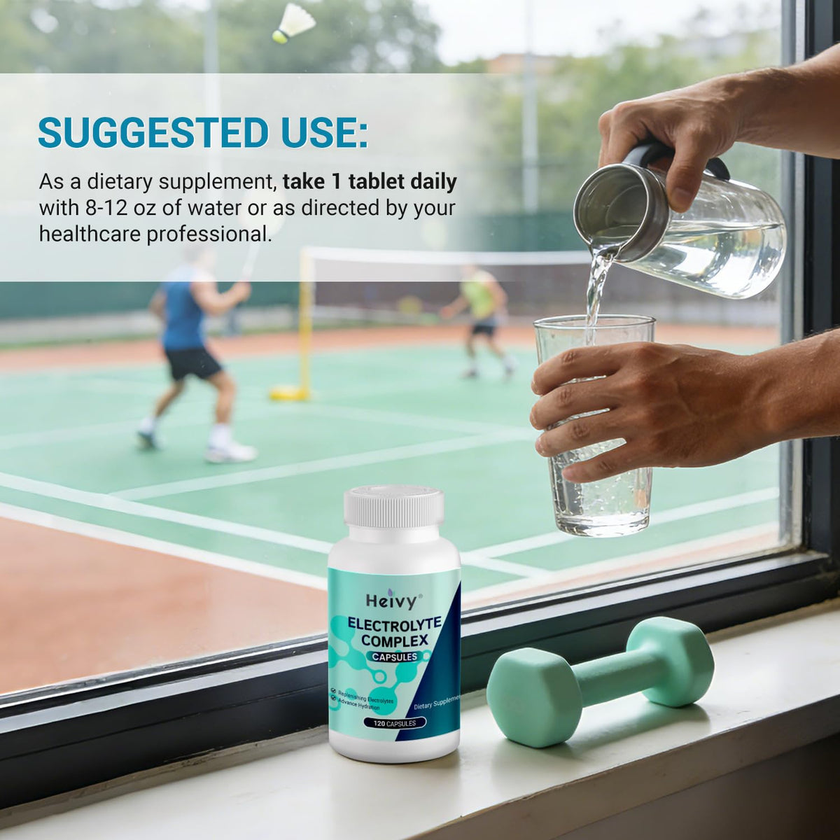Heivy Électrolytes 120 Capsules sur une table de sport