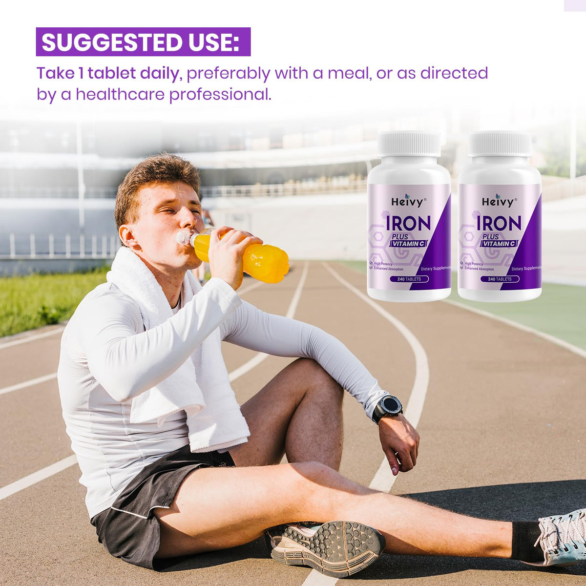 Heivy Fer 325mg avec Vitamine C - Bouteille ouverte avec comprimés