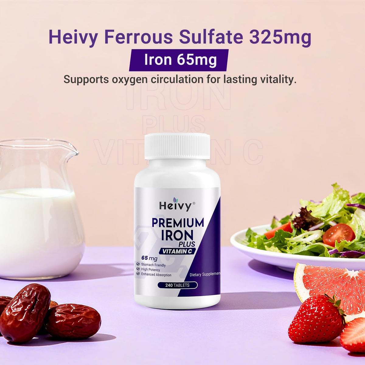 Heivy Fer 325mg avec Vitamine C, tablettes sur une surface blanche
