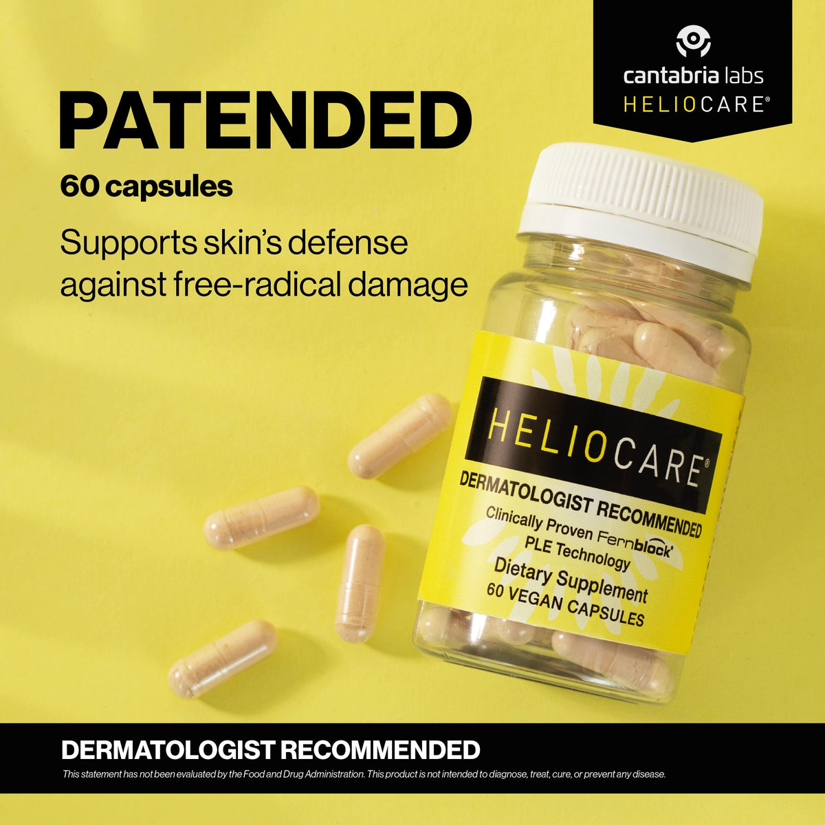 Heliocare 60 capsules avec étiquette détaillant les ingrédients