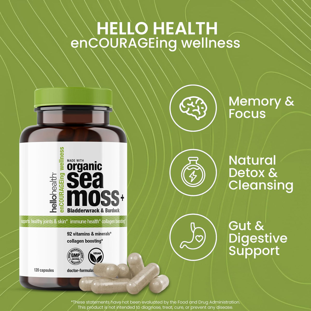 HELLO HEALTH Capsules de Mousse de Mer Irlandais 1500 mg, mise en scène sur une table