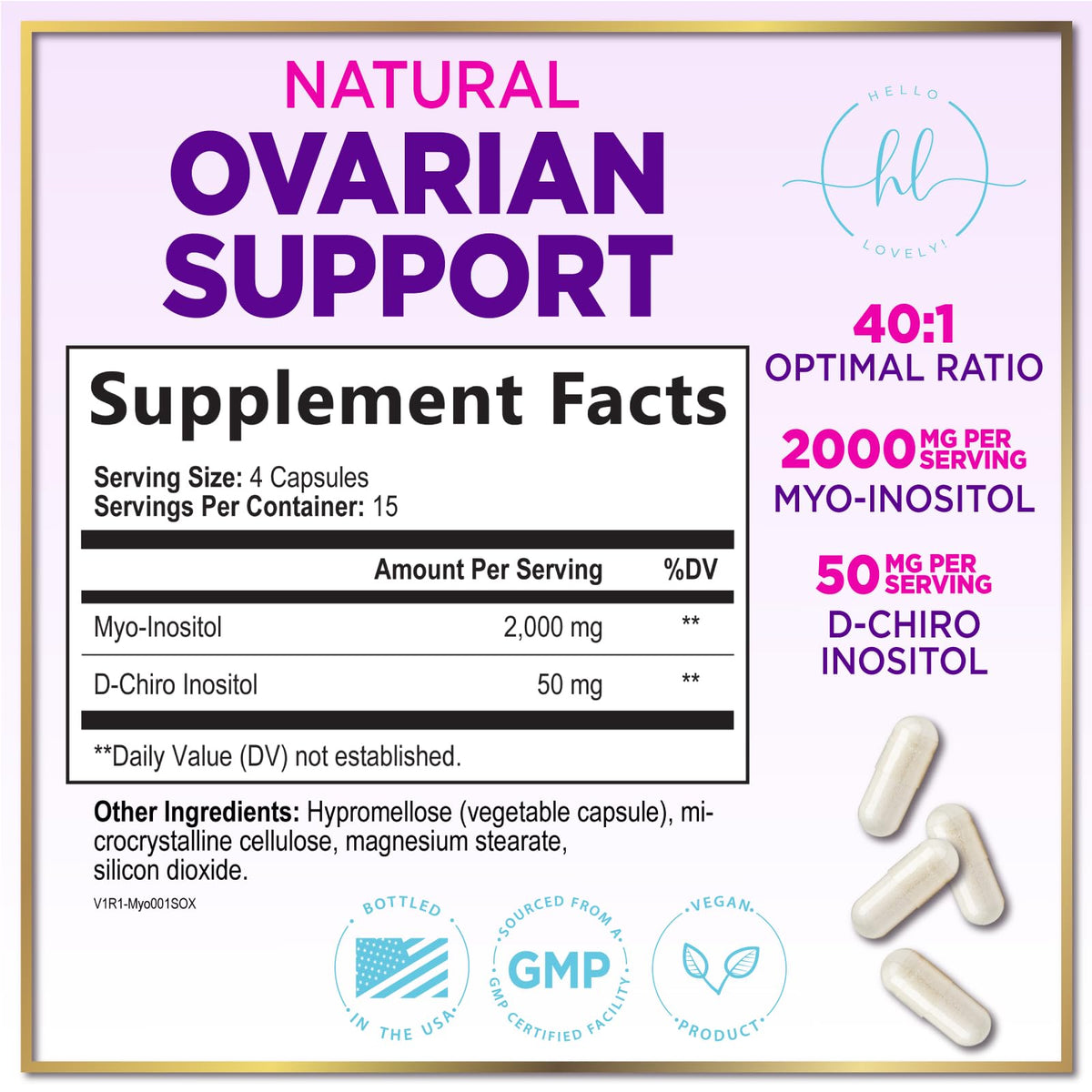 Hello Lovely! Complément Alimentaire Myo-Inositol 2000mg - 60 Capsules, vue de côté