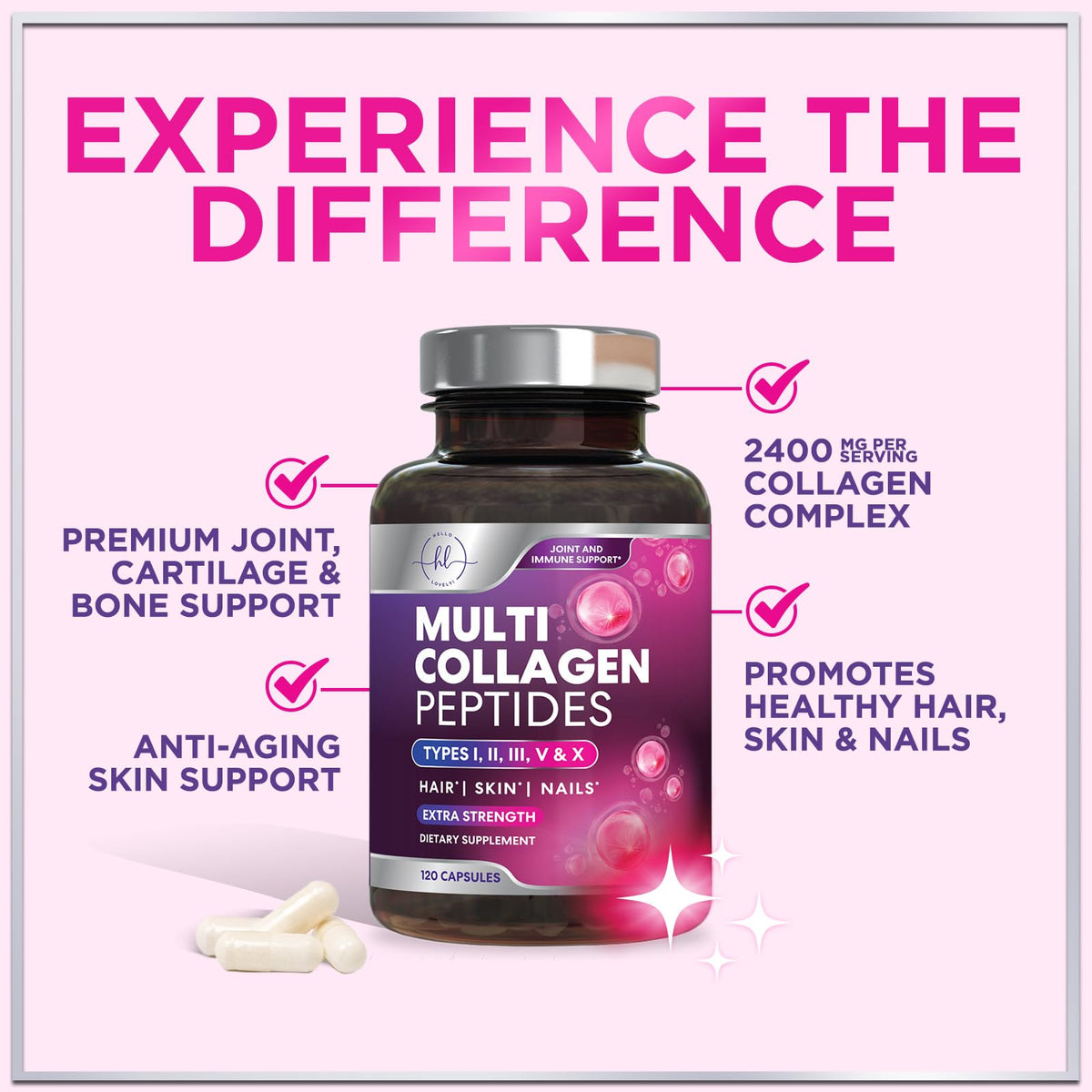 Hello Lovely! Multi Collagen Peptides 120 capsules ouvertes
