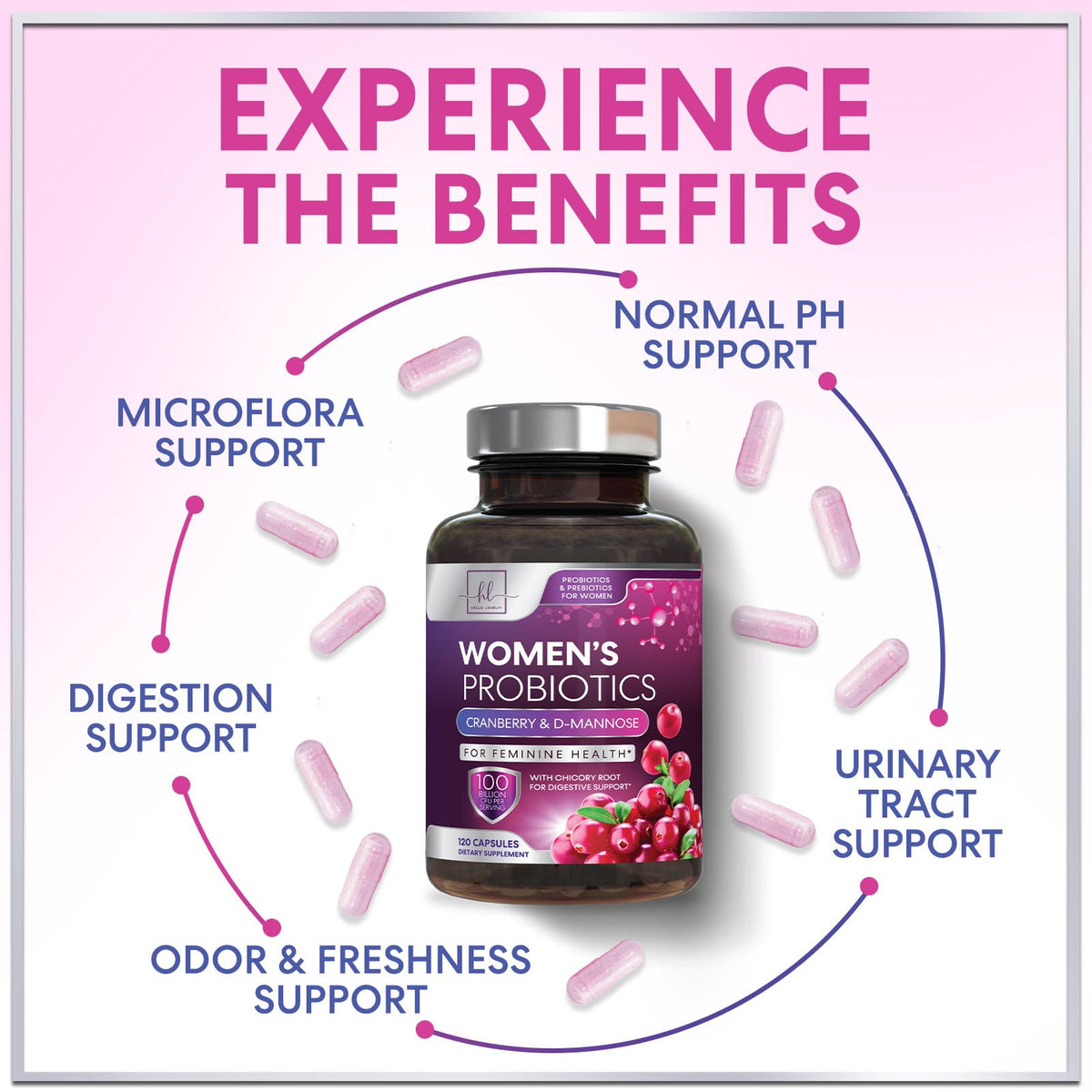 Hello Lovely! Probiotiques Femmes 120 Capsules sur un fond neutre