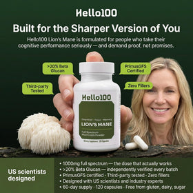 HELLO100 Complément Alimentaire Champignon Lion's Mane 120 Capsules - Capsules dans une main