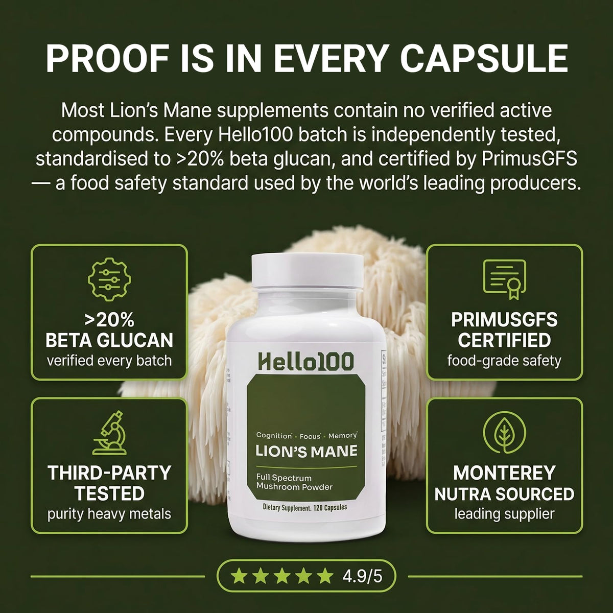 HELLO100 Complément Alimentaire Champignon Lion's Mane 120 Capsules - Étiquette du produit