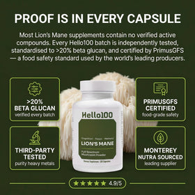 HELLO100 Complément Alimentaire Champignon Lion's Mane 120 Capsules - Étiquette du produit