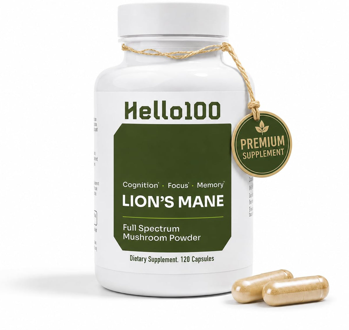 HELLO100 Complément Alimentaire Champignon Lion's Mane 120 Capsules - Vue de face