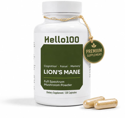 HELLO100 Complément Alimentaire Champignon Lion's Mane 120 Capsules - Vue de face