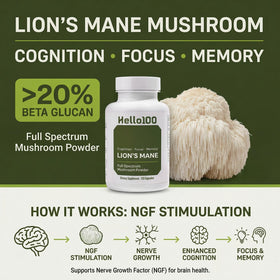 HELLO100 Complément Alimentaire Champignon Lion's Mane 120 Capsules - Vue de dos