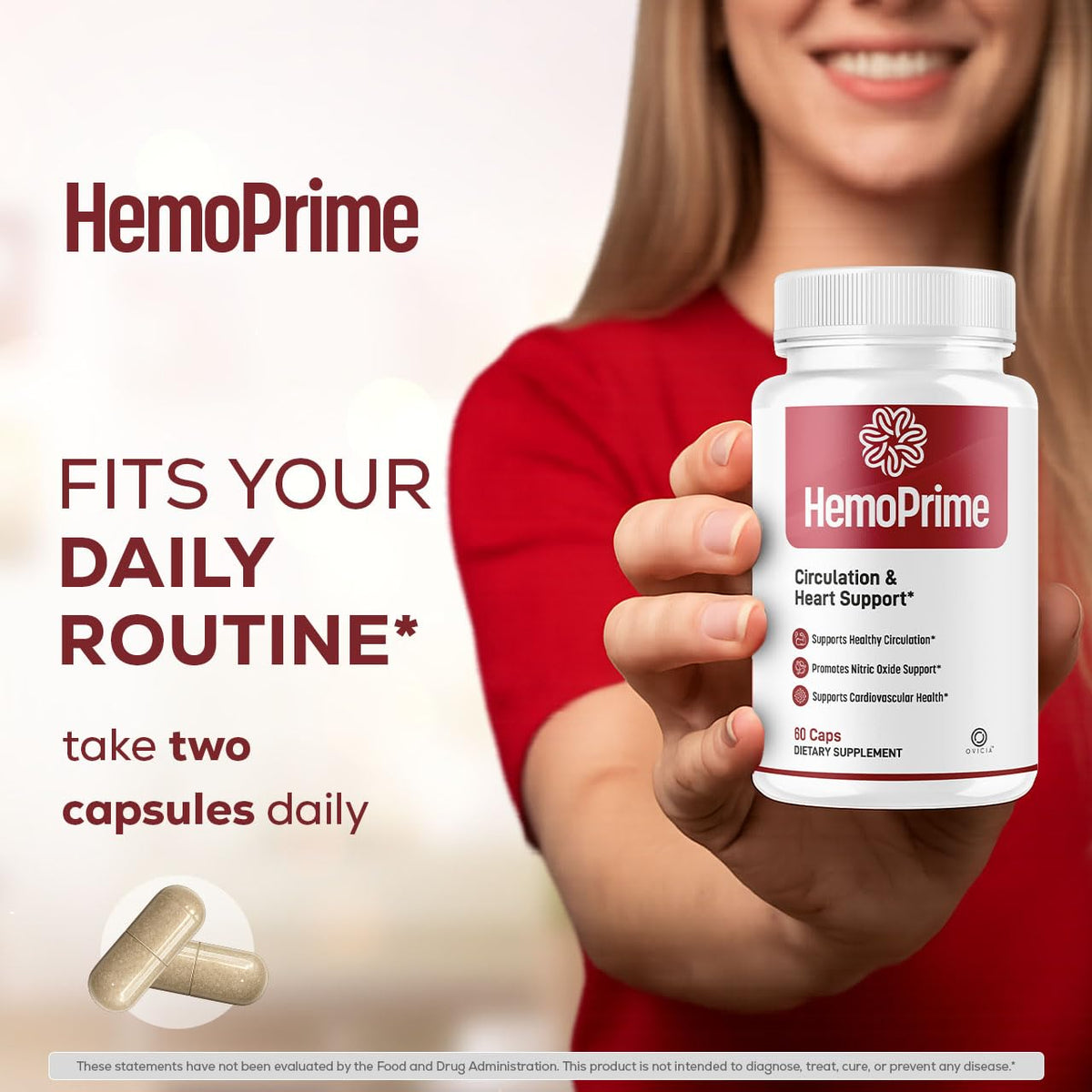 HemoPrime Capsules d'OVICIA prise de capsules dans la main