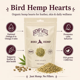 Hemp Well Coeurs de Chanvre Biologiques 470g dans un bol pour oiseaux