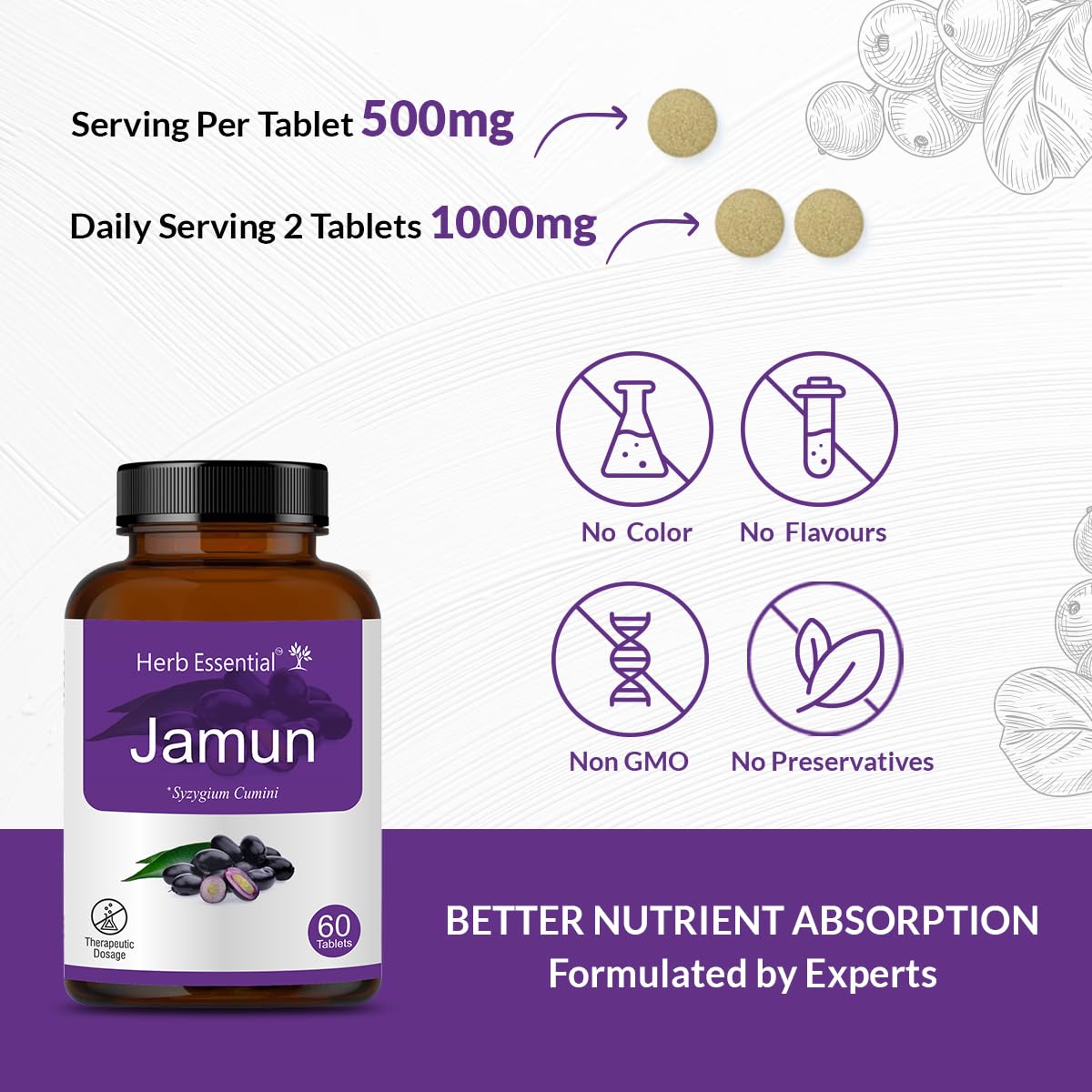 Herb Essential Jamun 500mg comprimés avec étiquette