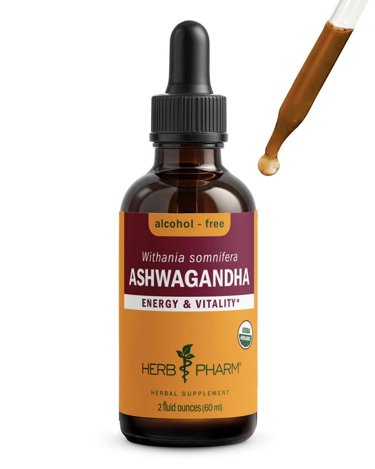 Herb Pharm Ashwagandha glycerite bio 2 oz vue avant avec bouchon