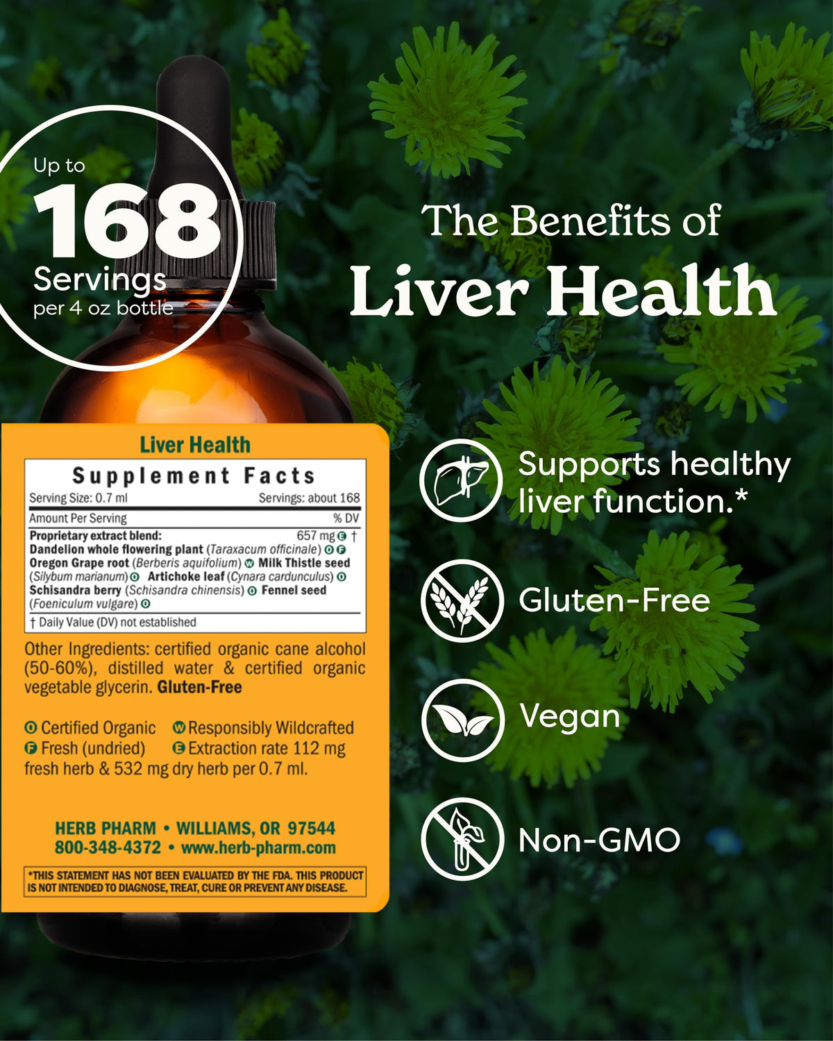 Herb Pharm Complément Alimentaire Soutien Hépatique 4 oz, vue latérale montrant l'ouverture du flacon