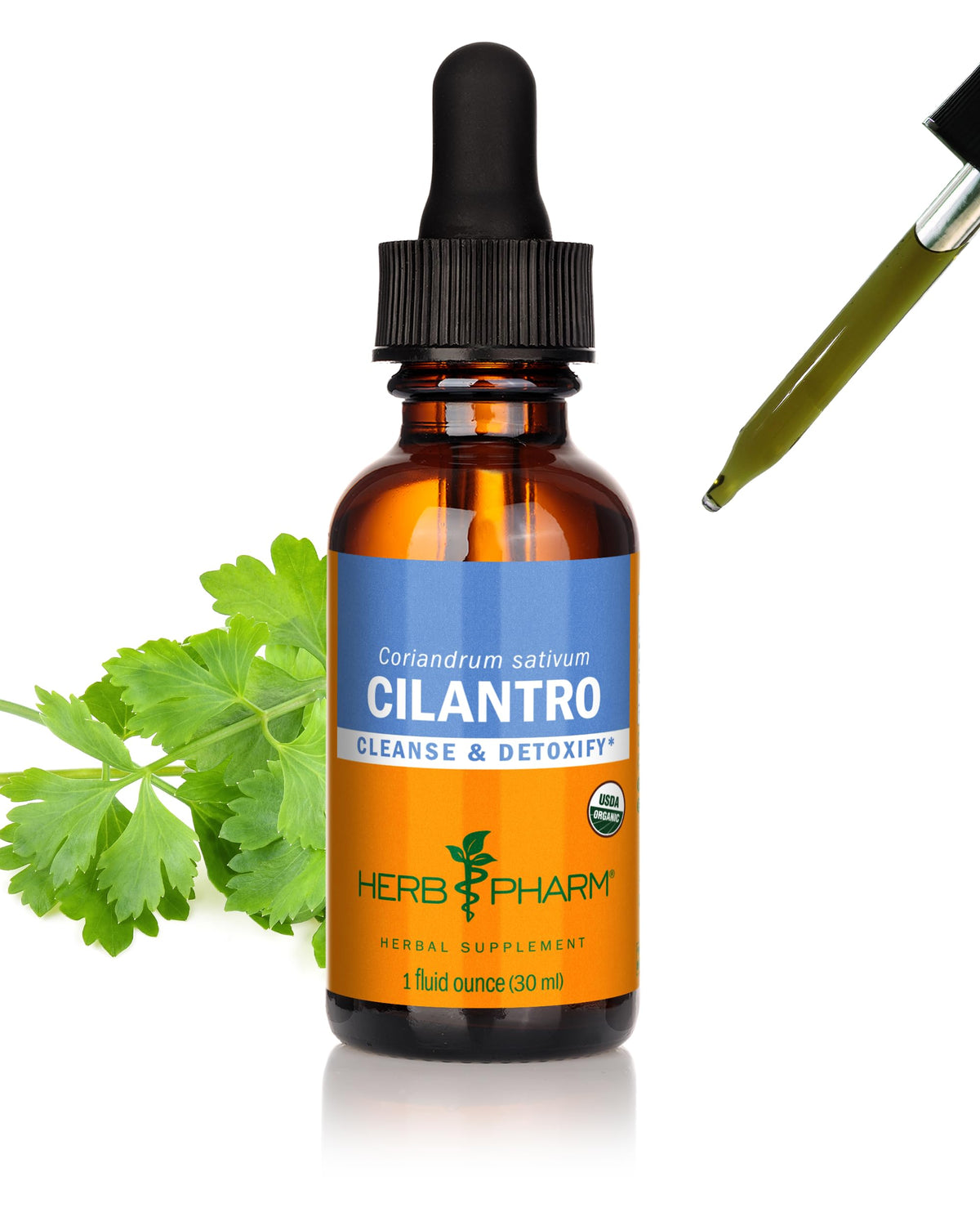 Herb Pharm Extrait de Coriandre Bio 30 ml devant une surface en bois