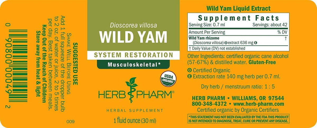 Herb Pharm Extrait Liquide de Yam Sauvage étiquette et informations
