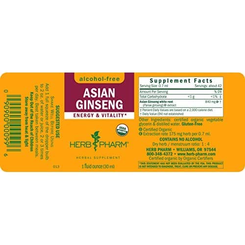 Herb Pharm Ginseng Liquide 30 ml étiquette avec ingrédients