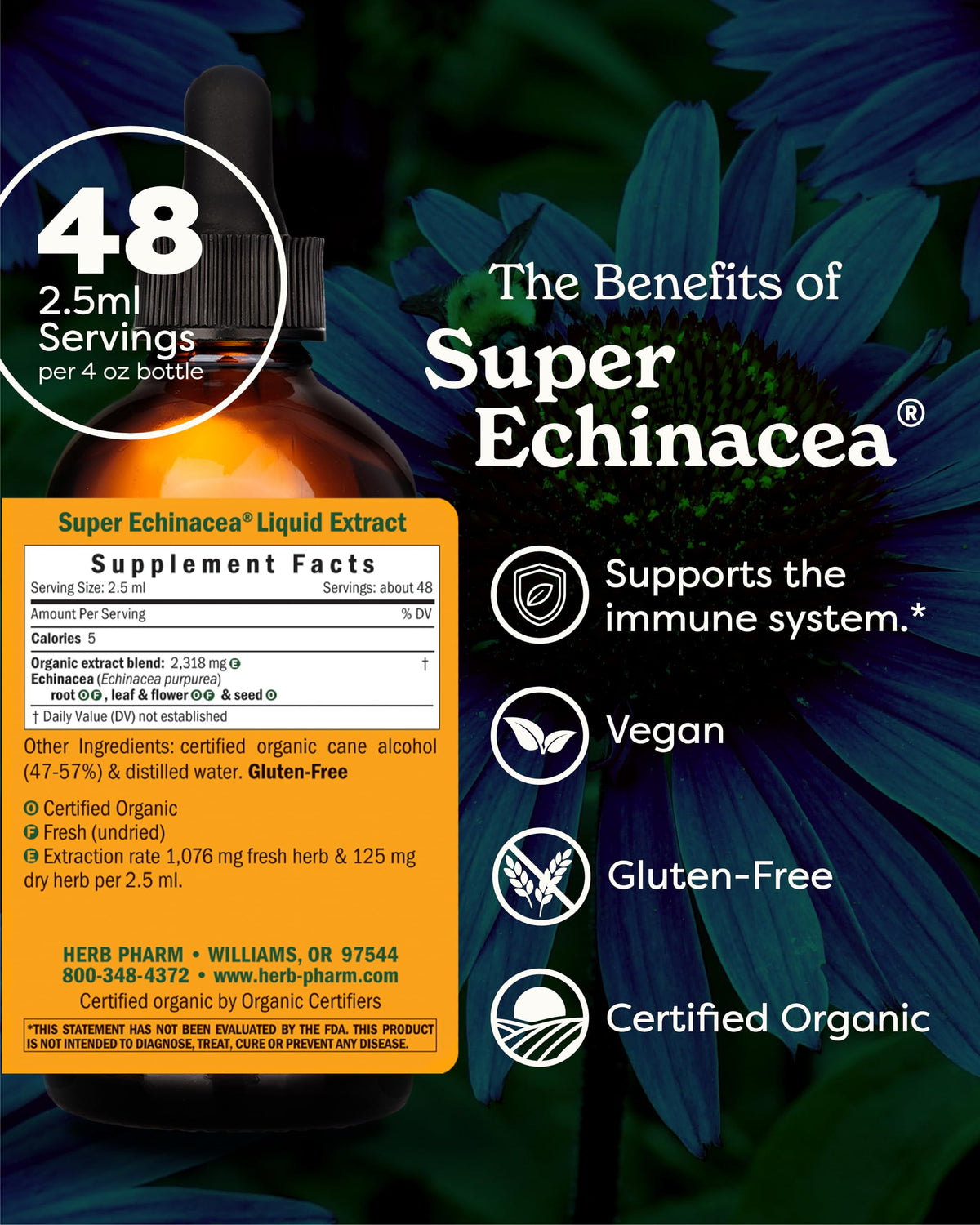 Herb Pharm Super Échinacée 4 oz étiquette avec ingrédients