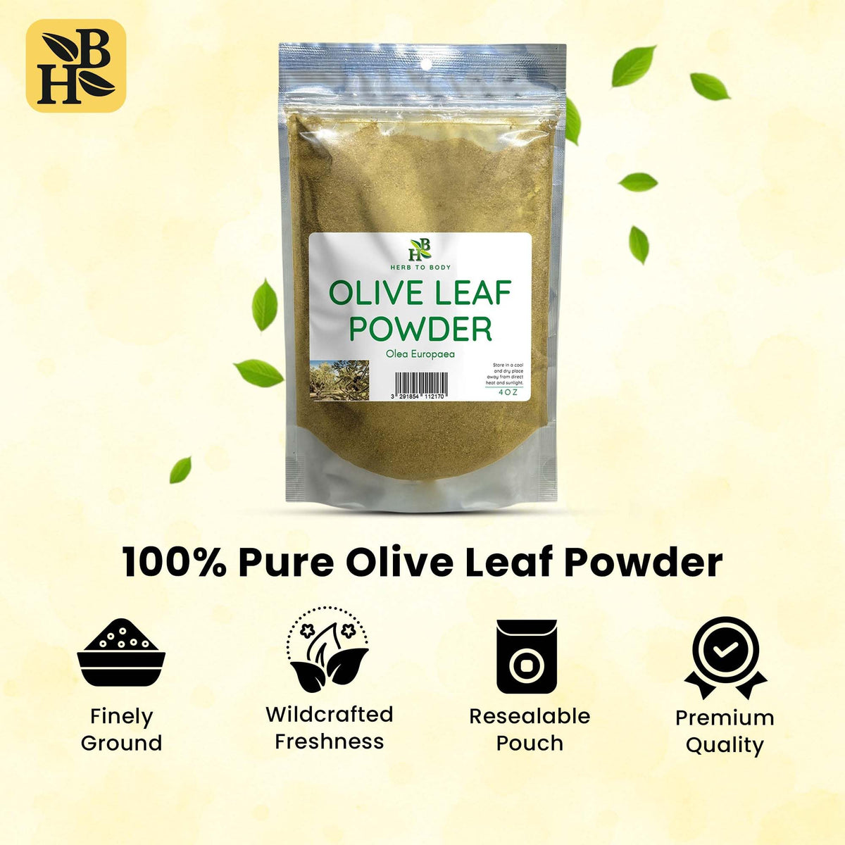 Herb To Body poudre de feuille d'olivier 120g sur une table en bois
