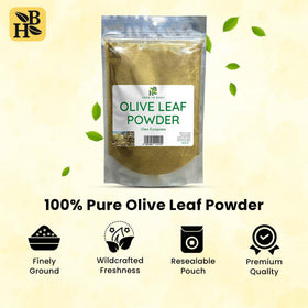 Herb To Body poudre de feuille d'olivier 120g sur une table en bois