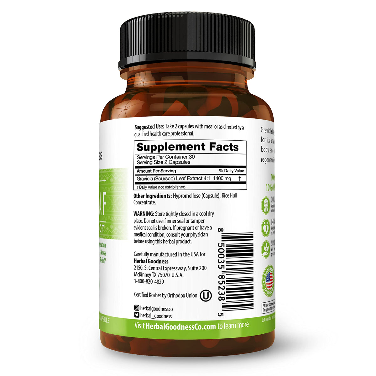 Herbal Goodness Soursop Bio 60 Capsules sur fond blanc