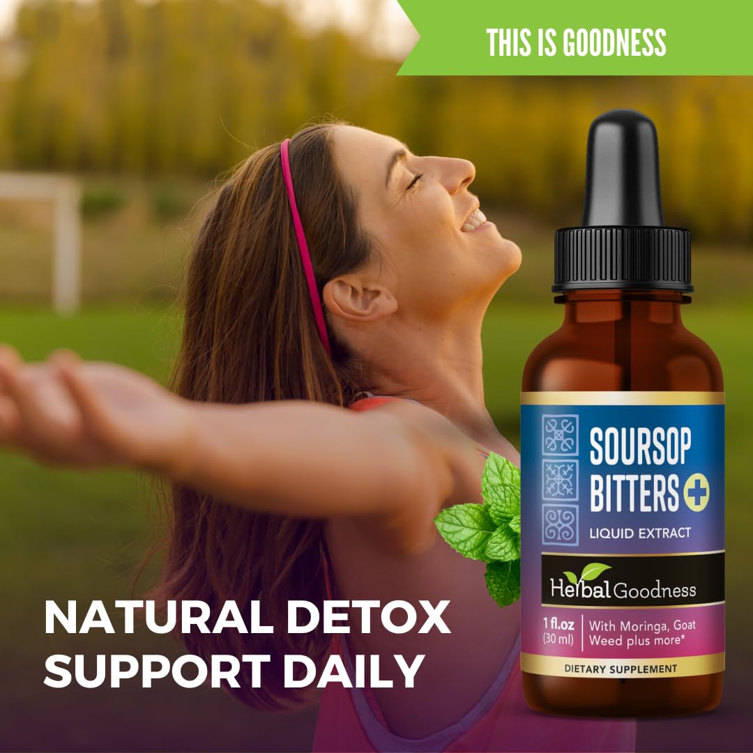 Herbal Goodness Soursop Bitters 30 ml avec un fond de plantes