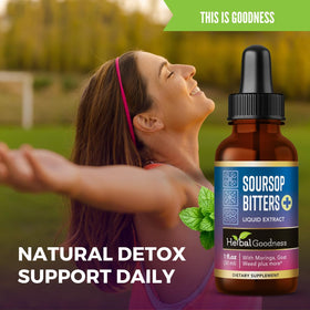 Herbal Goodness Soursop Bitters 30 ml avec un fond de plantes