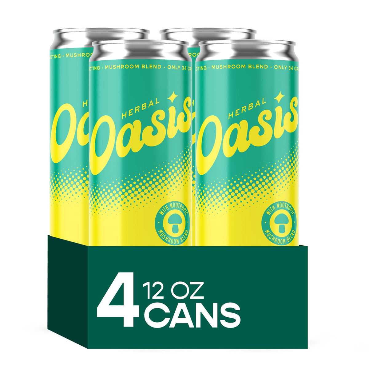 HERBAL OASIS Tropical Twist 4-Pack, vue de face avec canettes colorées