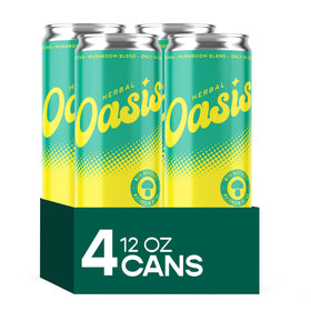HERBAL OASIS Tropical Twist 4-Pack, vue de face avec canettes colorées