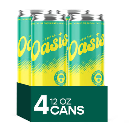 HERBAL OASIS Tropical Twist 4-Pack, vue de face avec canettes colorées