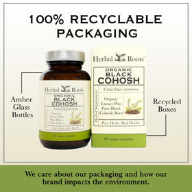 Herbal Roots capsules de racine de cimicifuga bio - photo d'ensemble avec le produit sur une table
